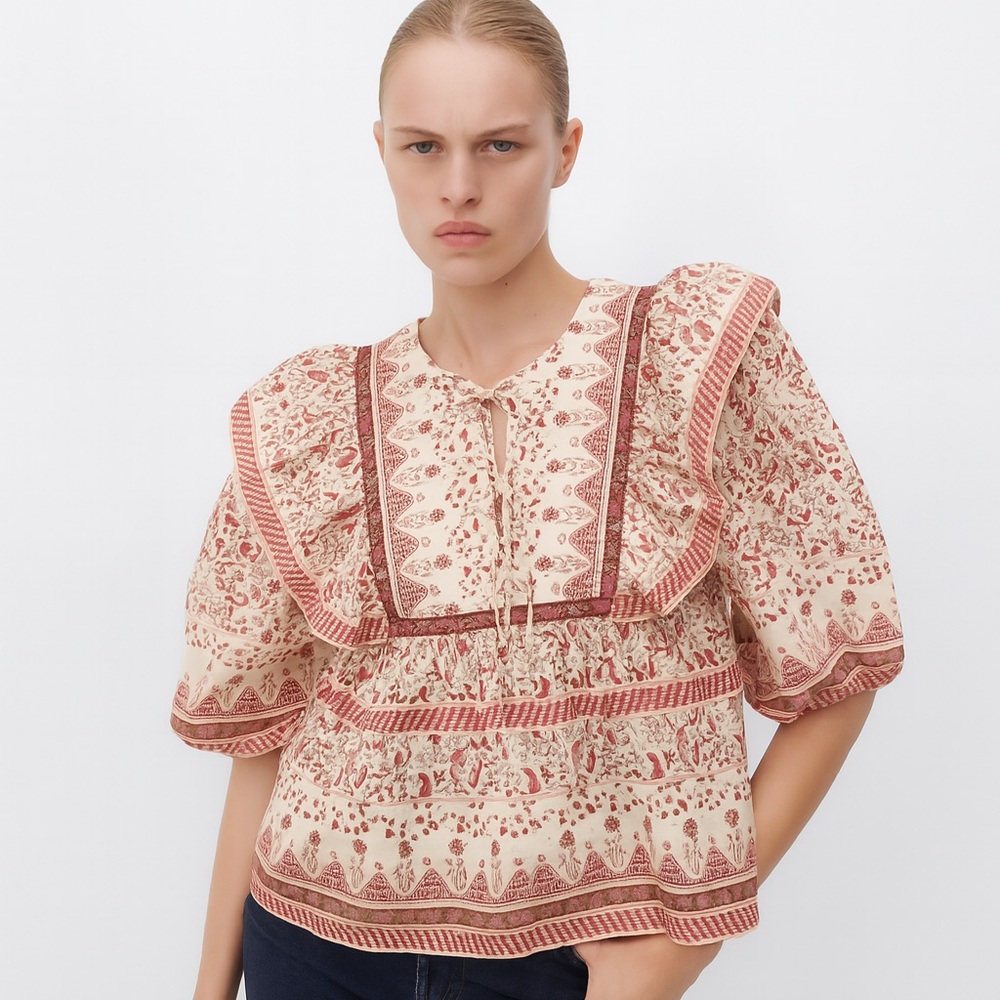 Calypso St Barth Puff Sleeve Peasant Top Small Floral Boho Prairie Cotton